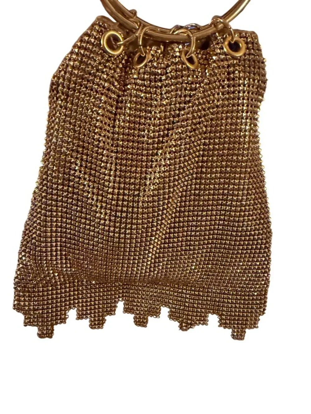 Whiting & Davis Womens Gold Mesh Evening Bag Ring Handles Ruffled Fringe Vintage